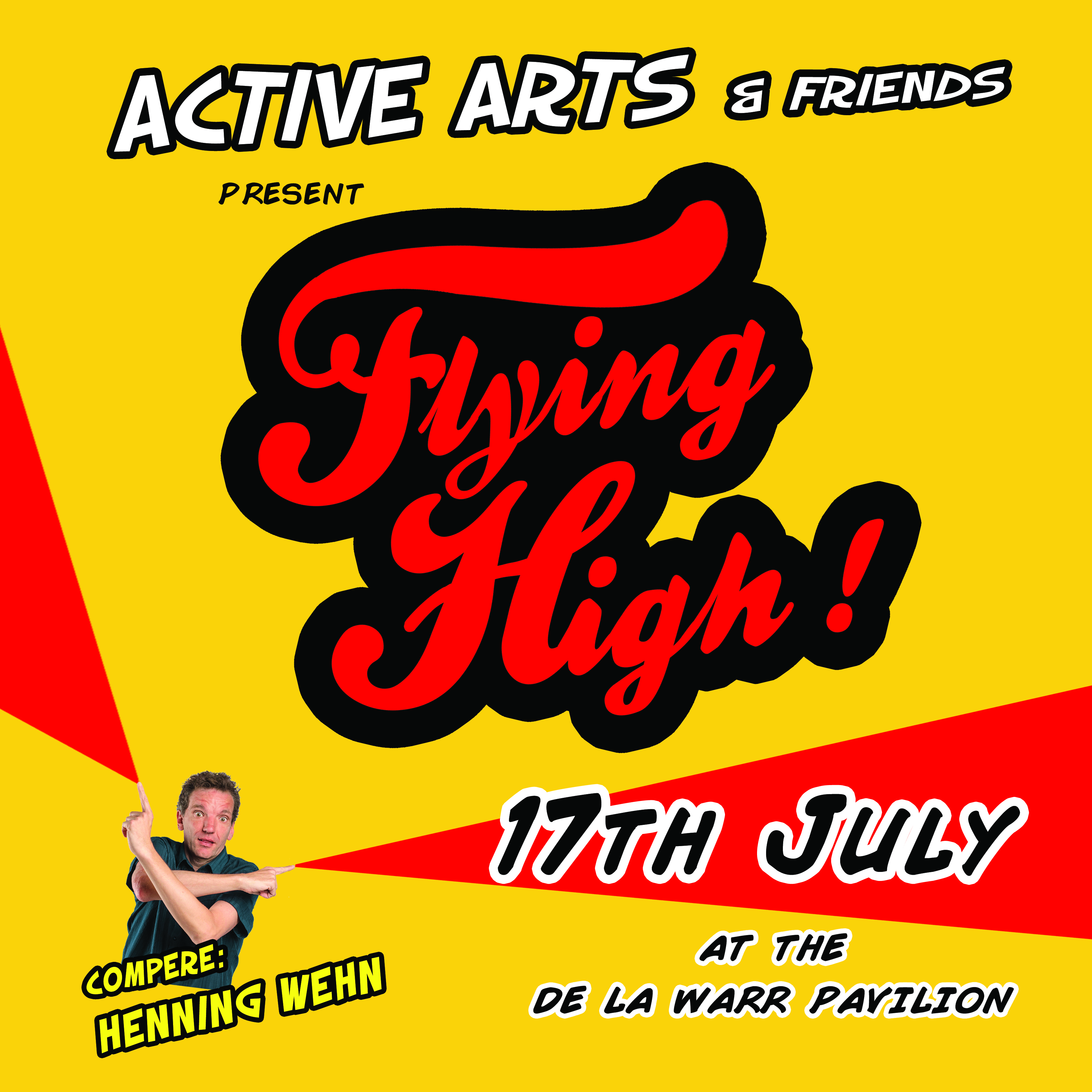 Flying High poster, red and yellow, featuring compere Henning Wehn, de la warr pavilion 2019